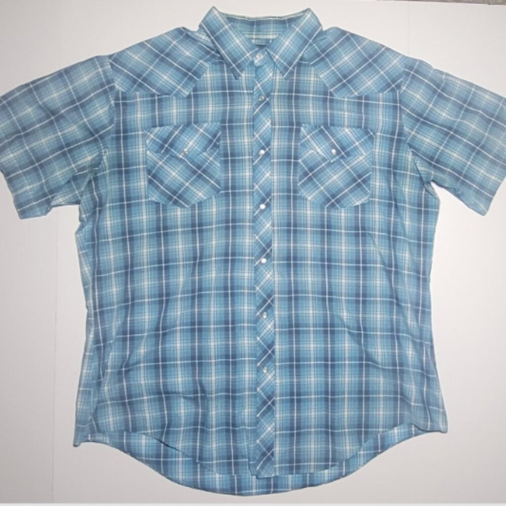 Rock Canyon Mens Short Sleeve Blue White Plaid Shirt with Pearl Snaps Size XL